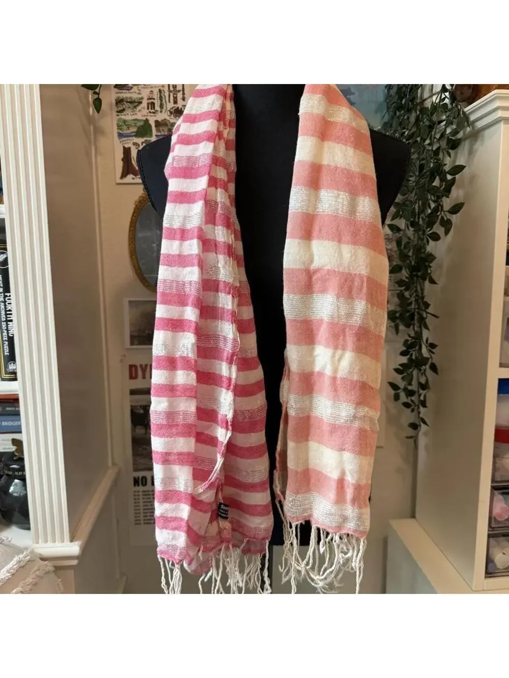 Society for Scarves Pink White Silver Striped Fringe Scarf